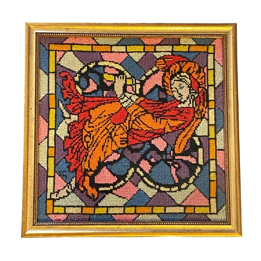 Vintage MCM Needlepoint Stained Glass Style Angel Gold Frame‎ 11x11 SF 70s